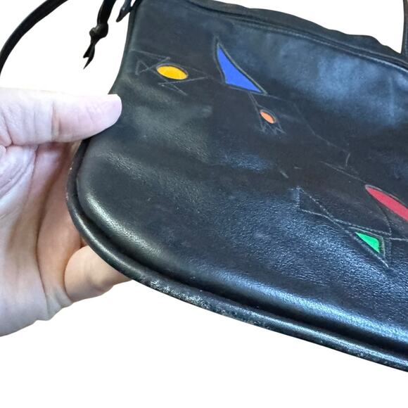 Ilze Heider Artsy Leather Design Crossbody Purse Black Colorful Shapes Eclectic - Picture 12 of 13